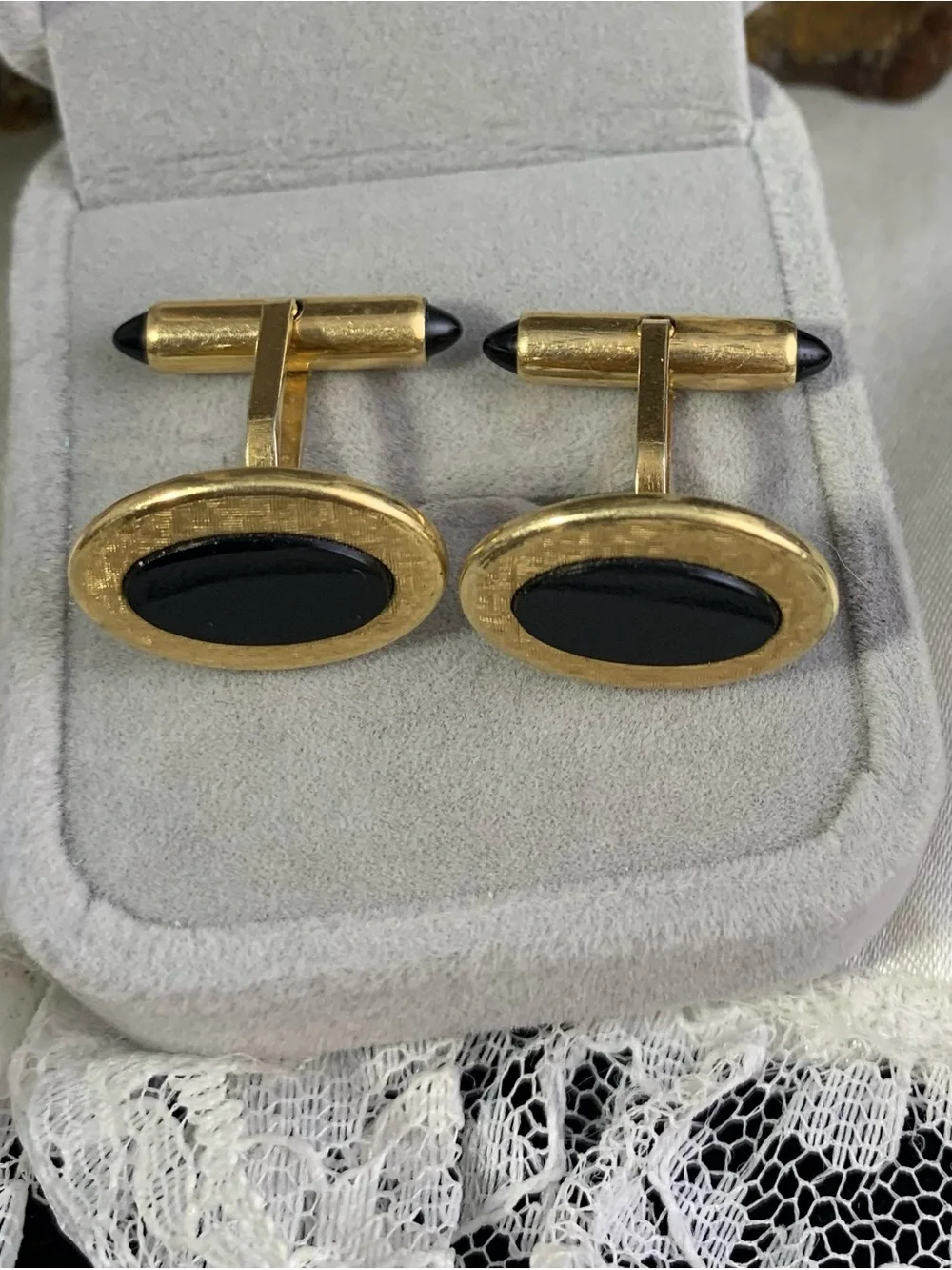 Vintage KREMENTZ 14K Gold Rolled Gold Plate Black Onyx Cufflinks